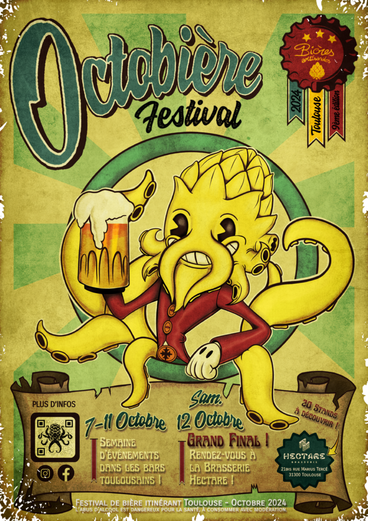 Affiche 2024 du festival Octobière aux couleurs jaune, verte et rouge, avec une poulpe au centre en forme de tête de houblon tenant une bière.