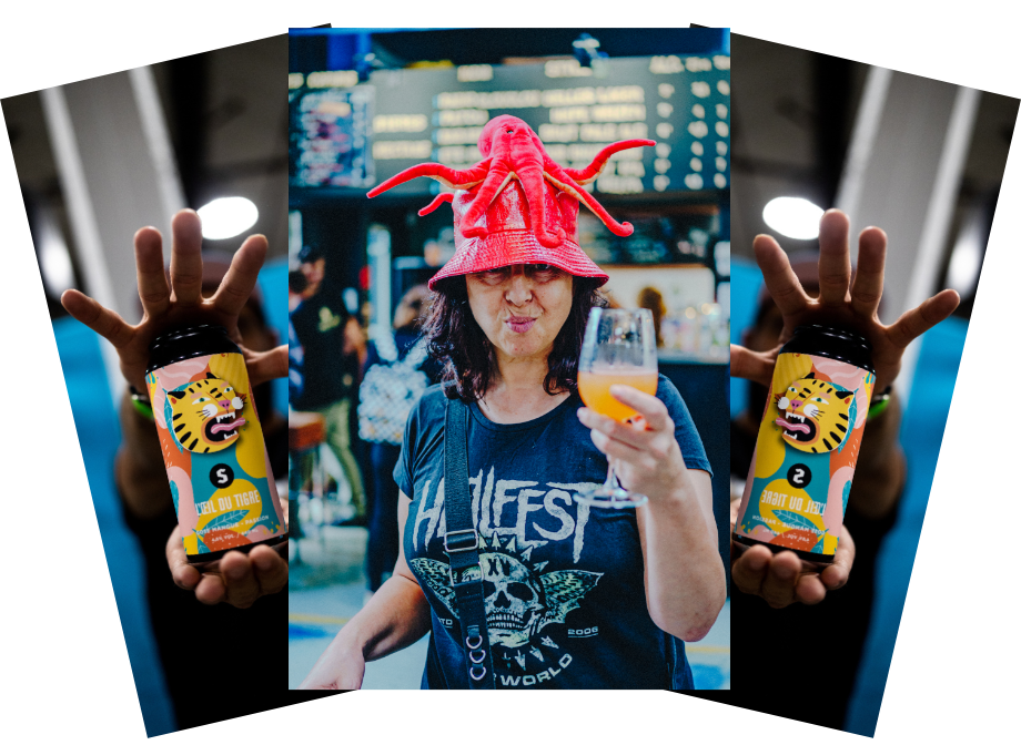 photo centrale d'une femme portant un chapeau rose en forme de poule tenant une bière, accompagnée de deux photos de chaque côté représentant une canette de bière 'L'œil du tigre'.